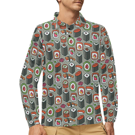 Sushi Print Design LKS301 Long Sleeve Polo Shirt For Men's
