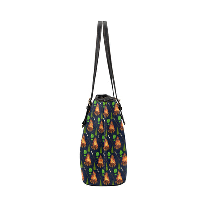 Camfire marshmallow Camping Design Print Leather Tote Bag