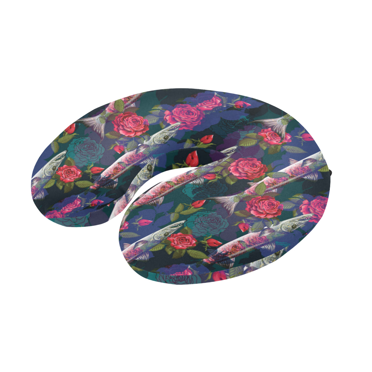 Barracuda with Folwer Pattern Print Design 01 U-Shaped Travel Neck Pillow