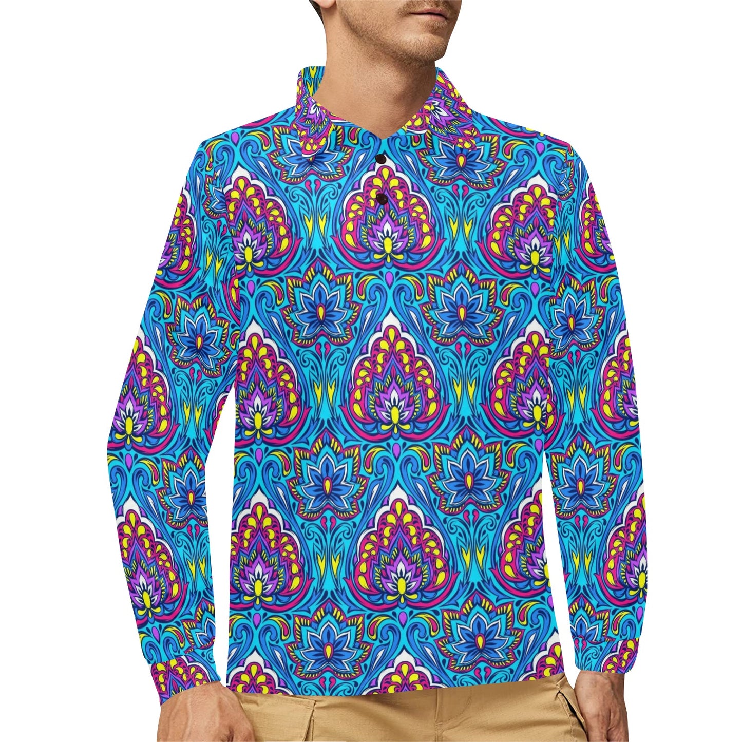 lotus Boho Pattern Print Design LO010 Long Sleeve Polo Shirt For Men's