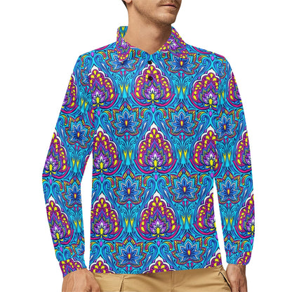 lotus Boho Pattern Print Design LO010 Long Sleeve Polo Shirt For Men's