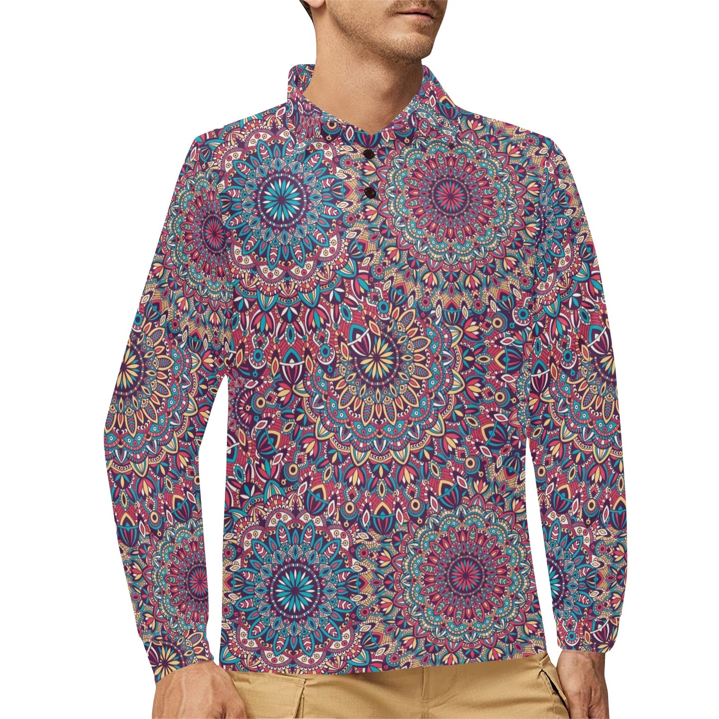 Boho Pattern Print Design 05 Long Sleeve Polo Shirt For Men's