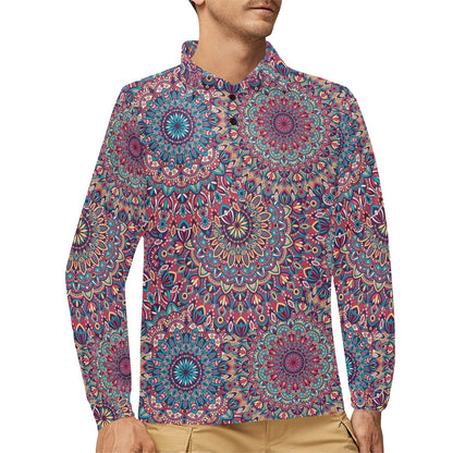 Boho Pattern Print Design 05 Long Sleeve Polo Shirt For Men's