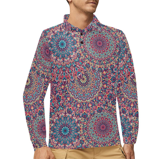 Boho Pattern Print Design 05 Long Sleeve Polo Shirt For Men's