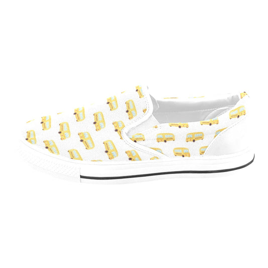 School Bus Print Design LKS306 White Slip Ons Canvas Women's Shoes