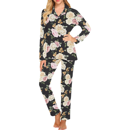 Rose Pattern Print Design A01 Women's Long Pajama Set