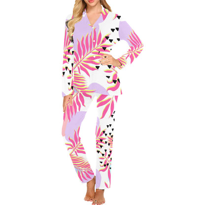 Pink Tropical Palm Leaves Women's Long Pajama Set