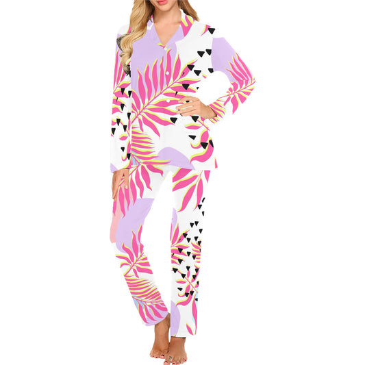 Pink Tropical Palm Leaves Women's Long Pajama Set