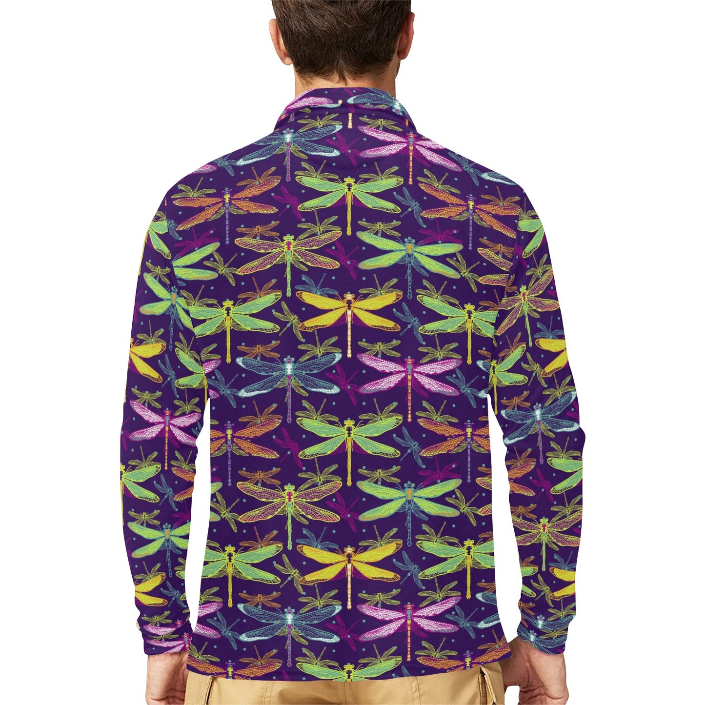 Dragonfly Neon Color Print Pattern Long Sleeve Polo Shirt For Men's