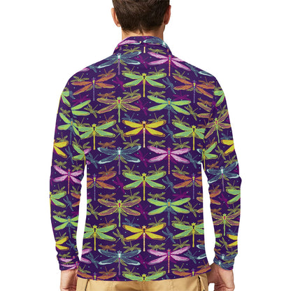 Dragonfly Neon Color Print Pattern Long Sleeve Polo Shirt For Men's