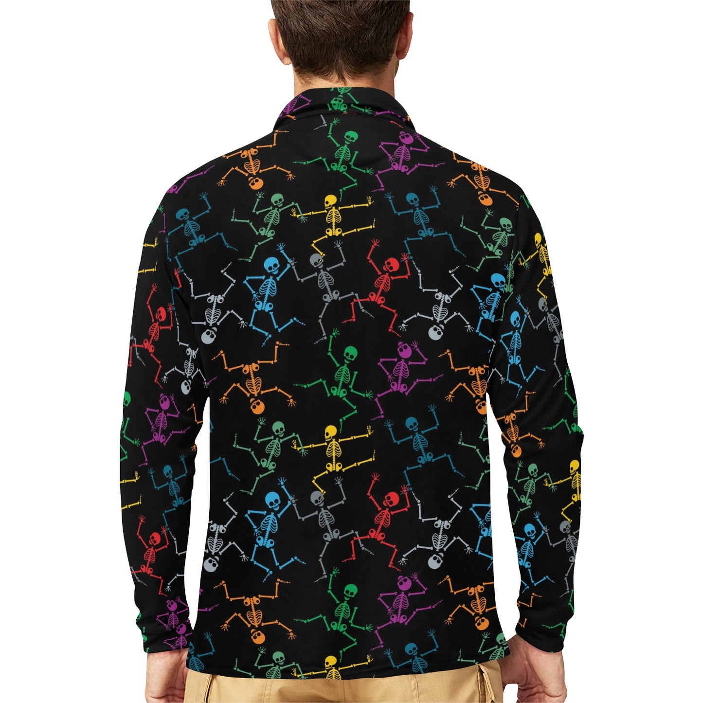 Skeleton Colorful Print Design LKS302 Long Sleeve Polo Shirt For Men's