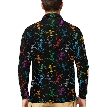 Skeleton Colorful Print Design LKS302 Long Sleeve Polo Shirt For Men's