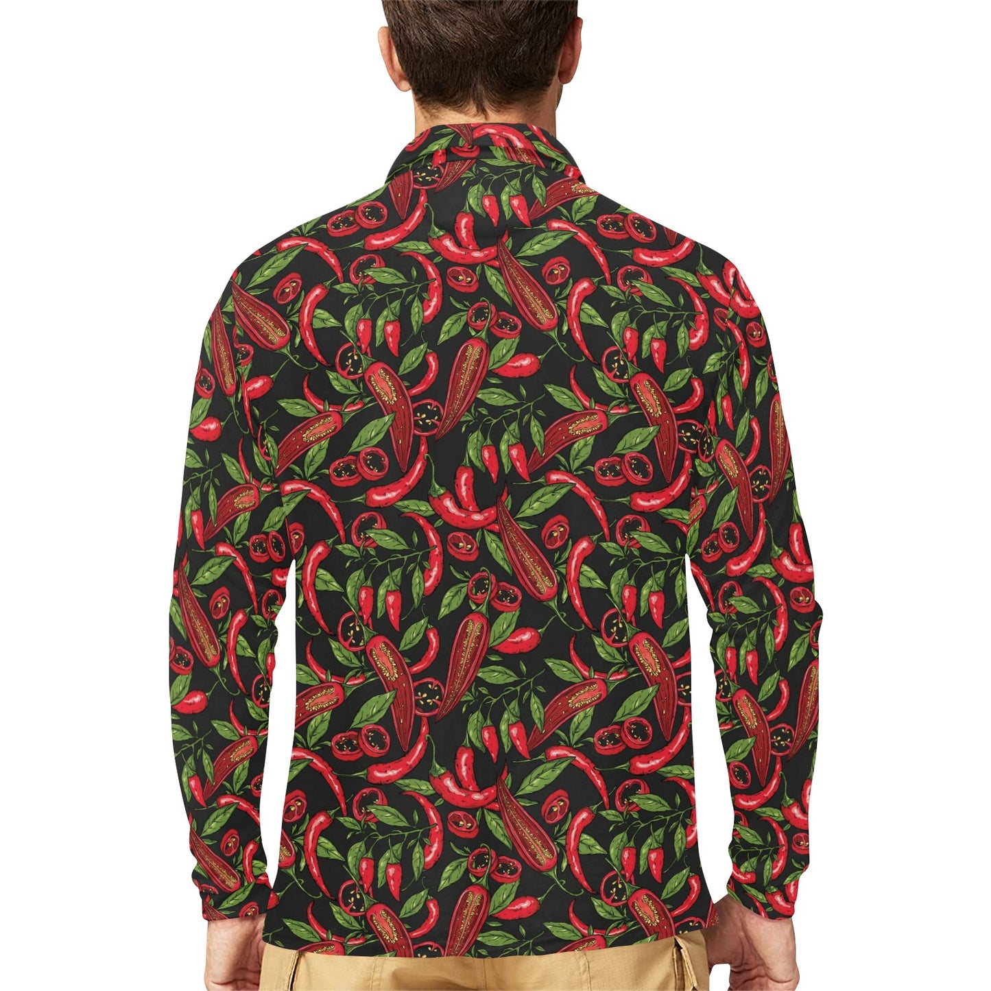 Chilli Pepper Pattern Print Design 02 Long Sleeve Polo Shirt For Men's
