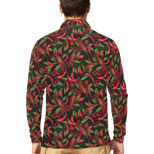Chilli Pepper Pattern Print Design 02 Long Sleeve Polo Shirt For Men's
