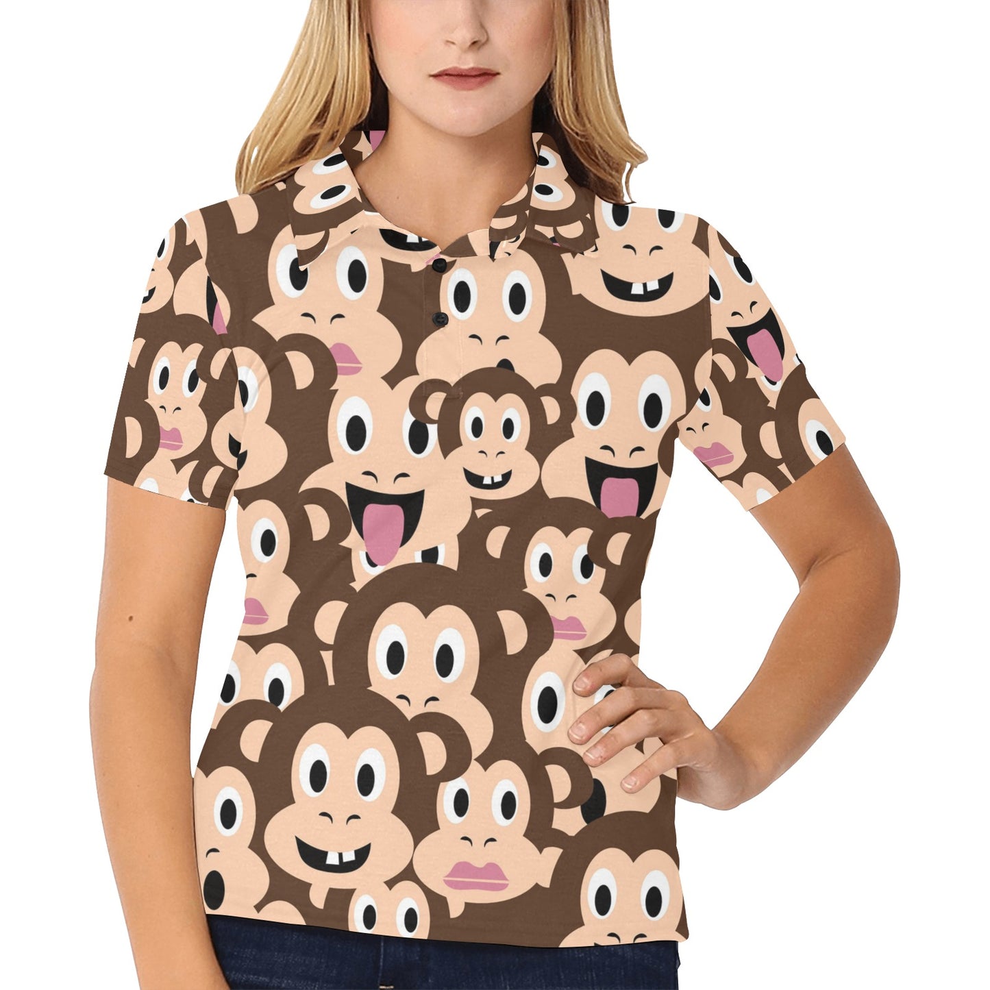 Emoji Monkey Print Pattern Women's Polo Shirt
