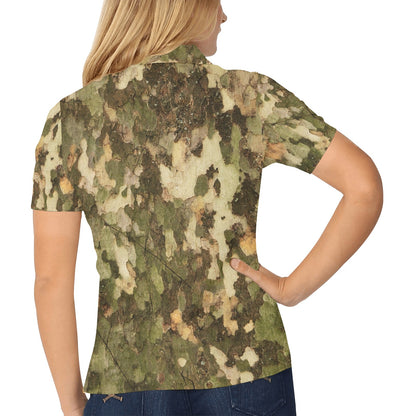 Camo Realistic Tree Texture Print Women's Polo Shirt