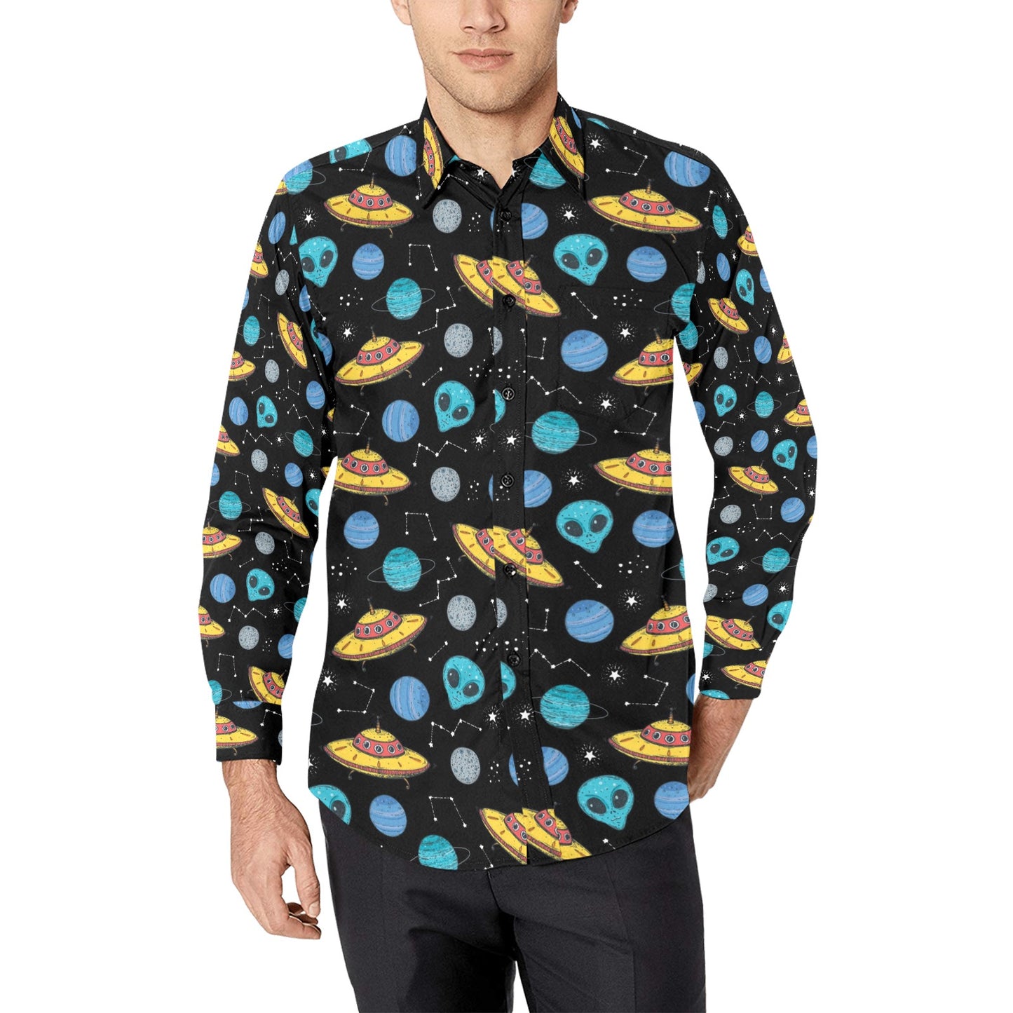 UFO Alien Print Design LKS306 Men's Long Sleeve Dress Shirt