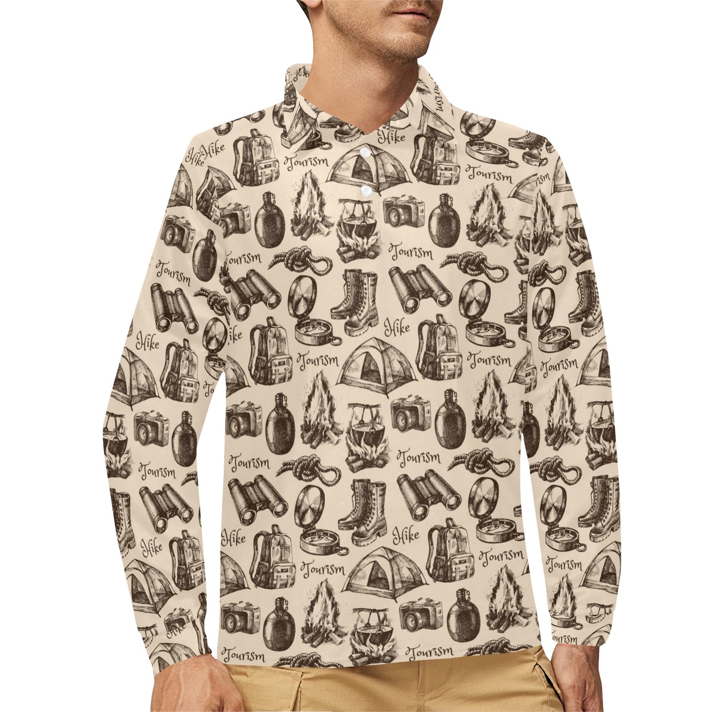 Camping Pattern Print Design 01 Long Sleeve Polo Shirt For Men's