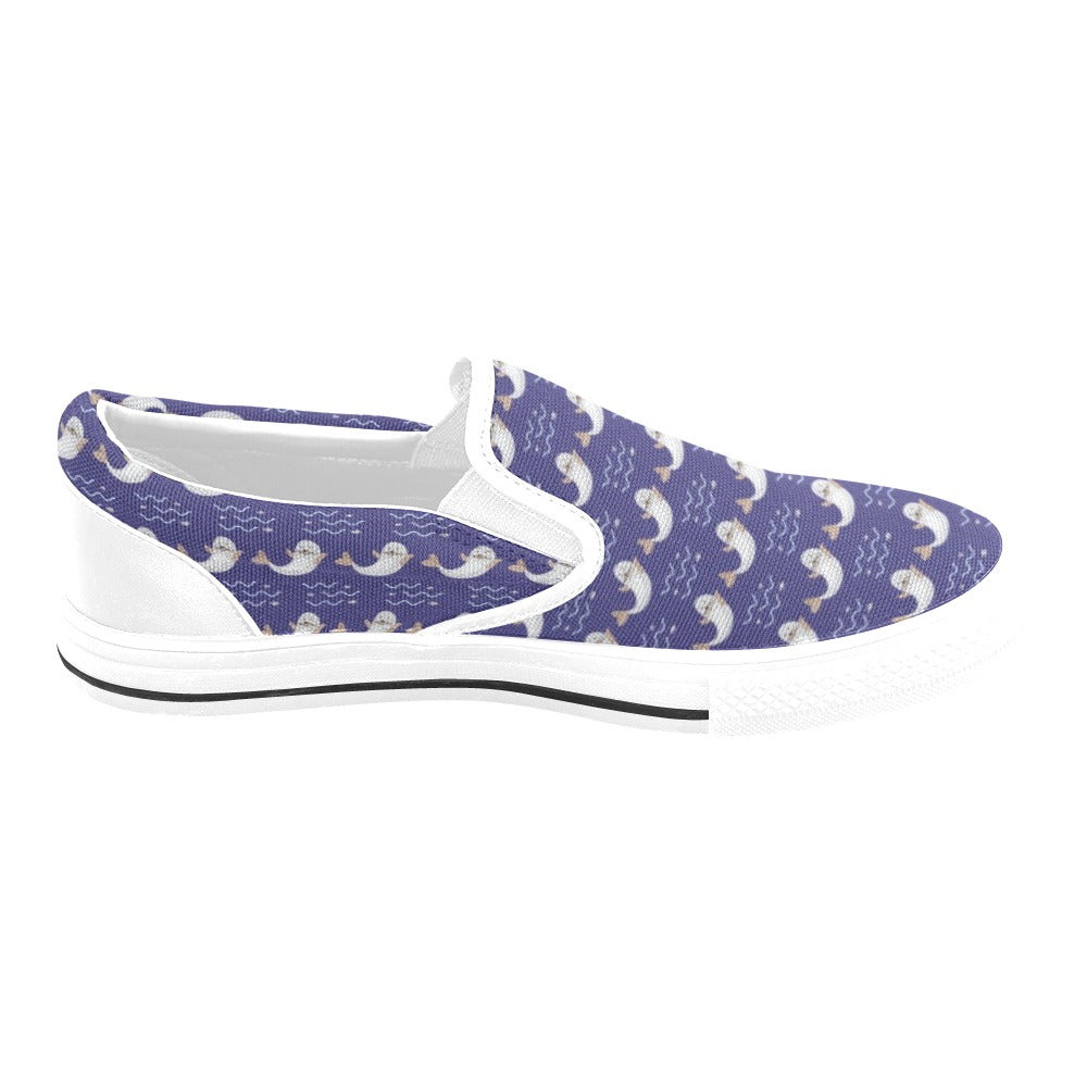 Sea Lion Print Design LKS404 White Slip Ons Canvas Women's Shoes