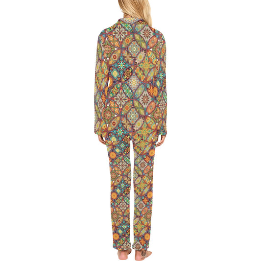 Mandala Flower Themed Design Print Women's Long Pajama Set