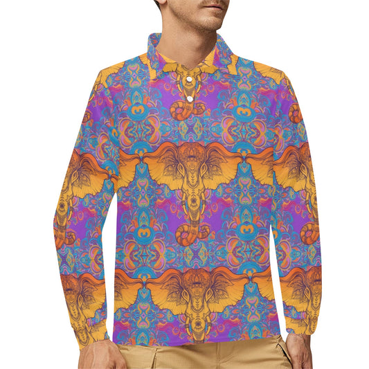 Gold Elephant Indian Long Sleeve Polo Shirt For Men's