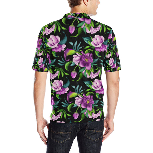Bright Purple Floral Pattern Men Polo Shirt