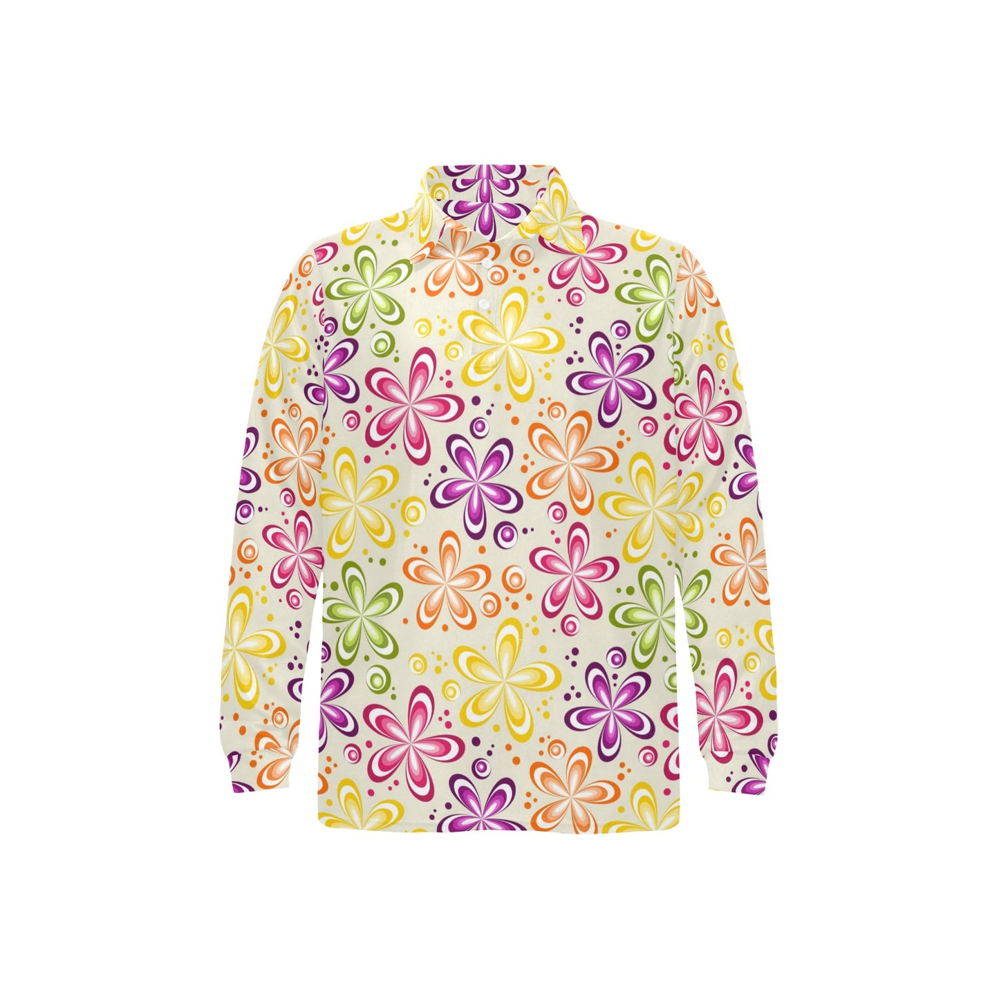 Flower Power Colorful Design Print Long Sleeve Polo Shirt For Men's