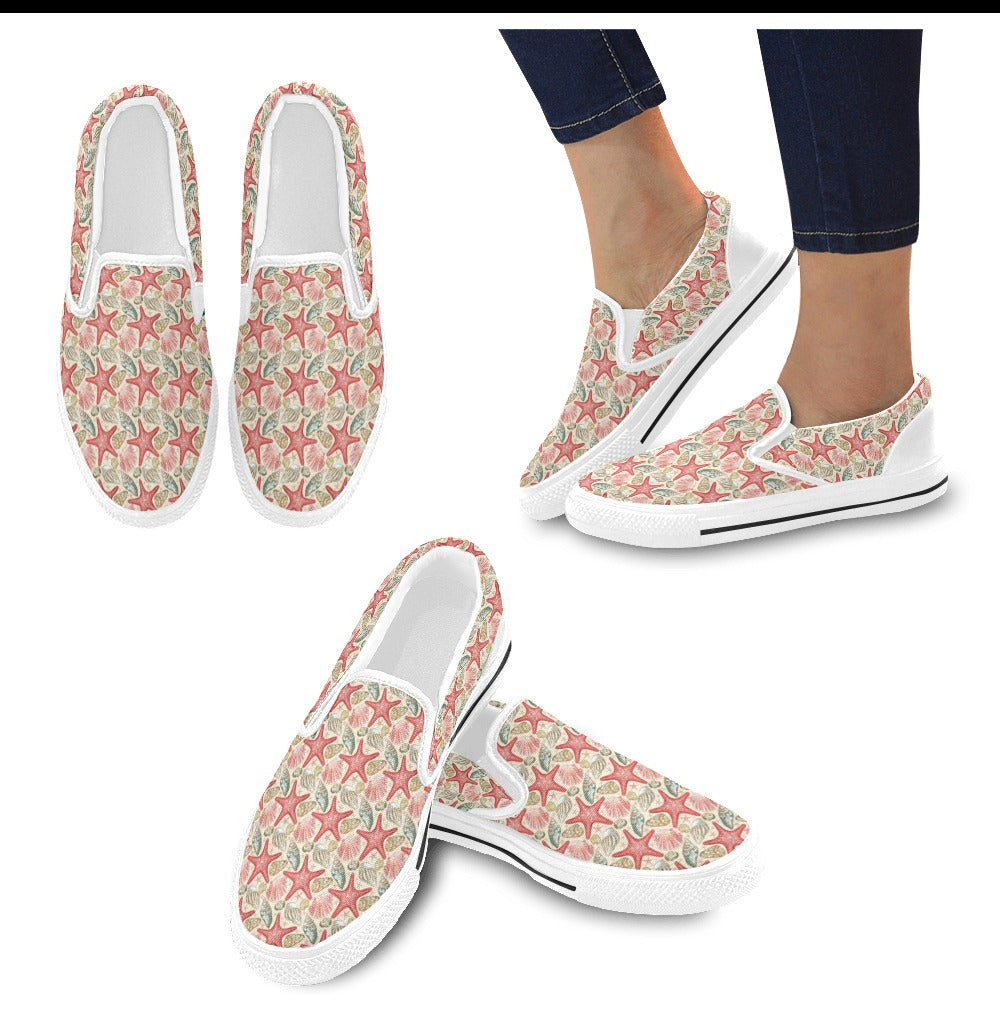 Seashell Print Design LKS301 White Slip Ons Canvas Women's Shoes