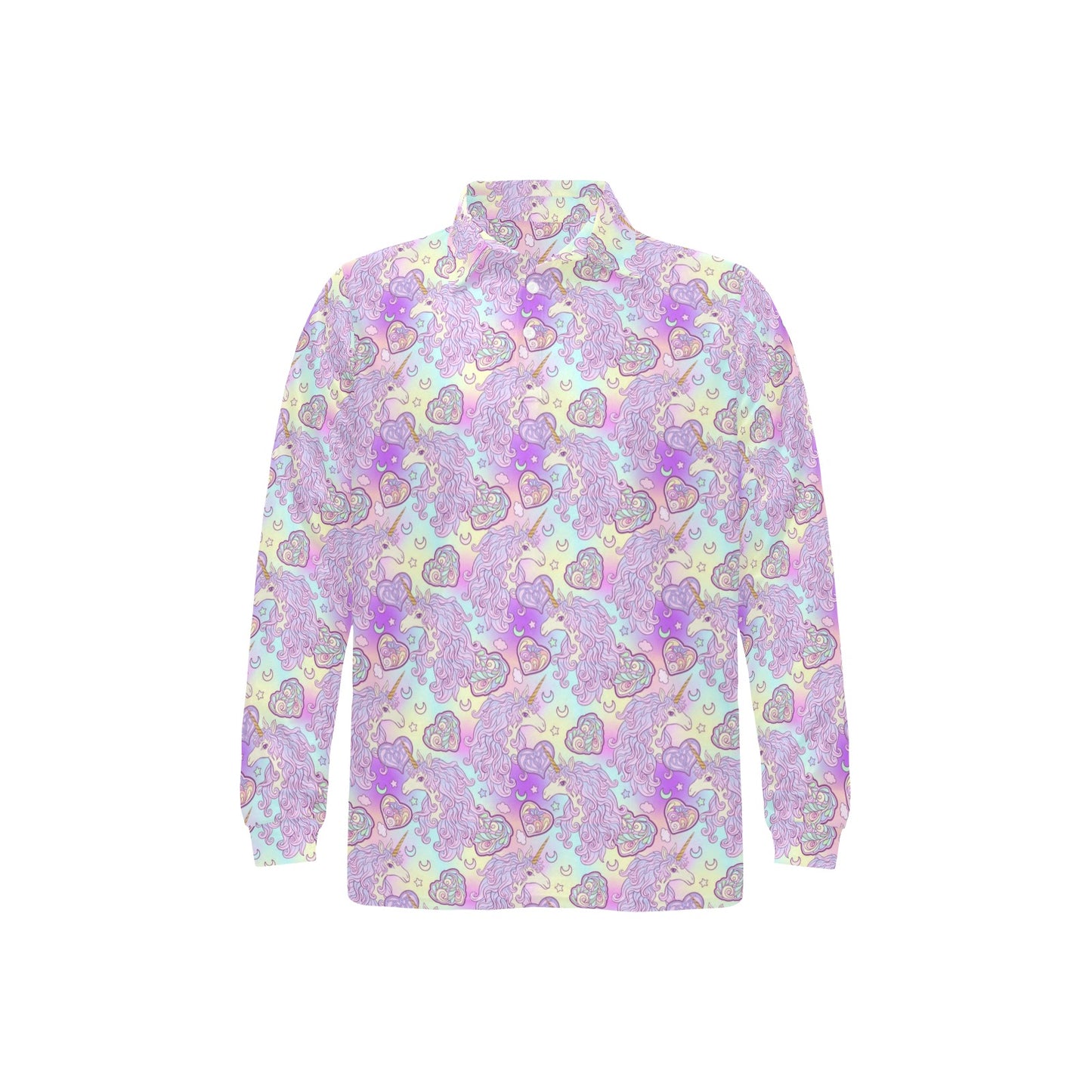 Unicorn Rainbow Star Heart Print Long Sleeve Polo Shirt For Men's