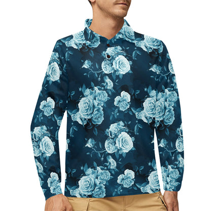 Rose Blue Pattern Print Design RO014 Long Sleeve Polo Shirt For Men's