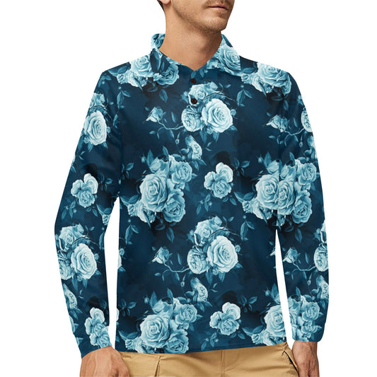 Rose Blue Pattern Print Design RO014 Long Sleeve Polo Shirt For Men's