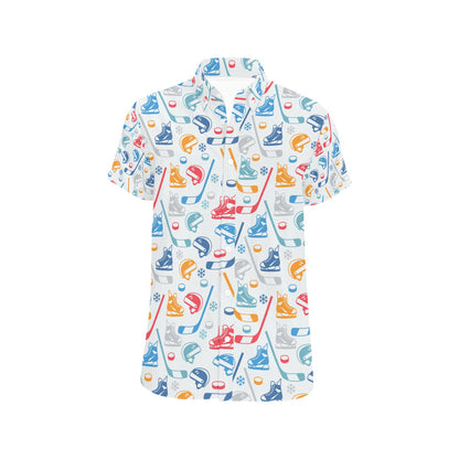Hockey Equipment Print Design LKS301 Men Short Sleeve Button Up Shirt