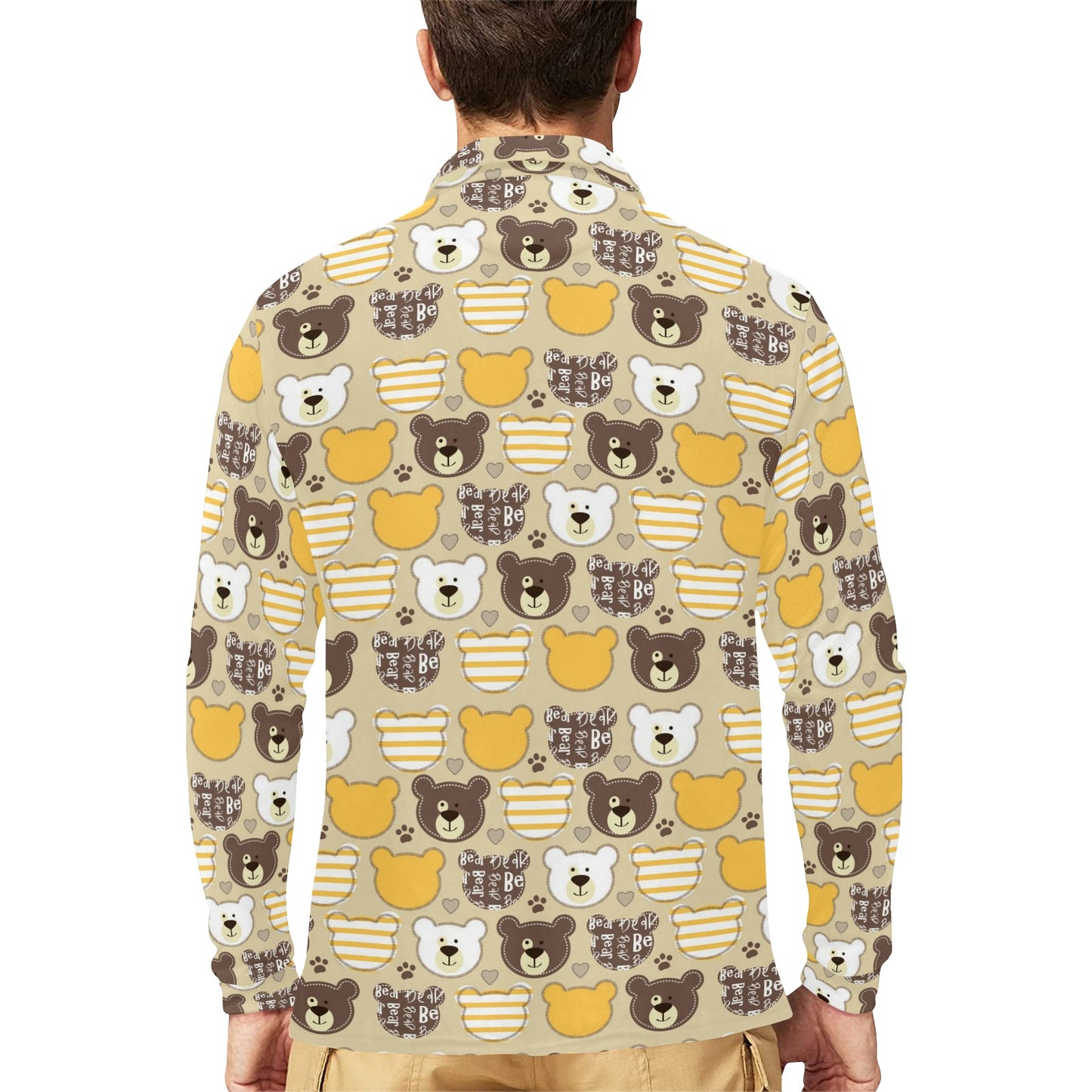 Bear PatchworkPattern Print Design 01 Long Sleeve Polo Shirt For Men's