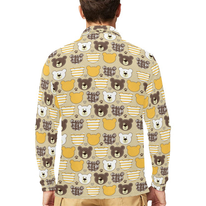 Bear PatchworkPattern Print Design 01 Long Sleeve Polo Shirt For Men's