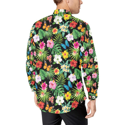 Hibiscus With Butterfly Print Design LKS305 Men's Long Sleeve Dress Shirt