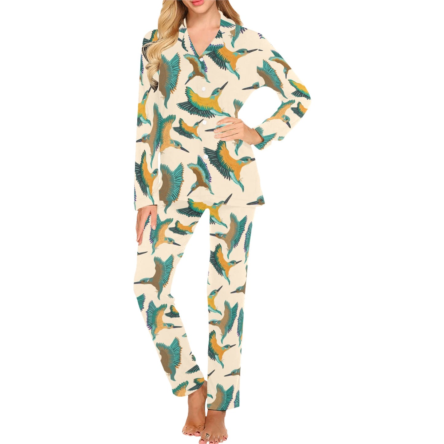 Kingfisher Pattern Print Design 02 Women's Long Pajama Set