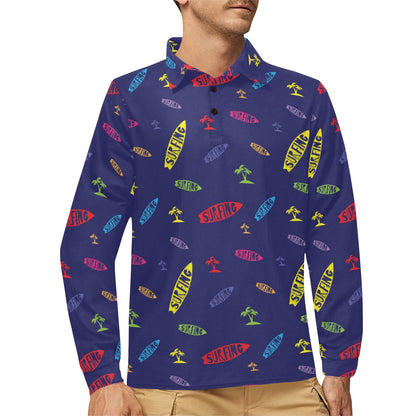 Surfboard Print Design LKS305 Long Sleeve Polo Shirt For Men's