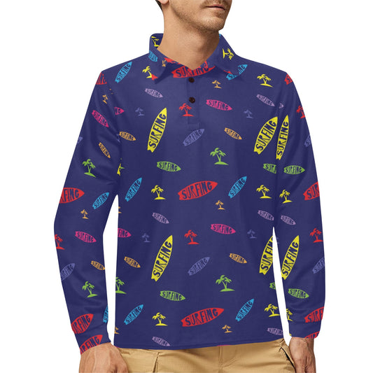 Surfboard Print Design LKS305 Long Sleeve Polo Shirt For Men's