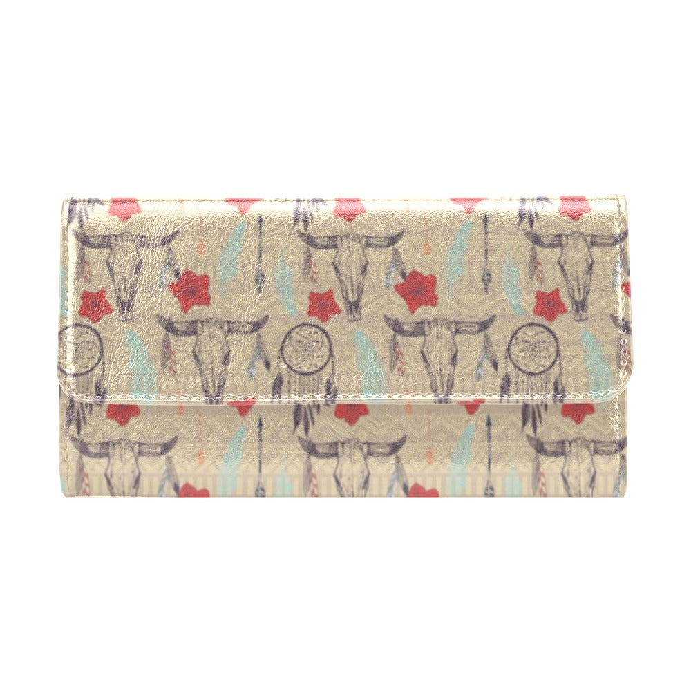 Native Buffalo Head Themed Design Print Women's Trifold Wallet