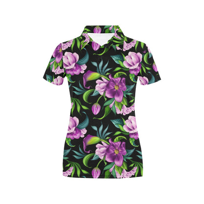 Bright Purple Floral Pattern Women's Polo Shirt
