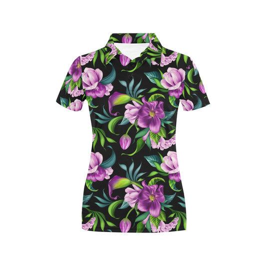 Bright Purple Floral Pattern Women's Polo Shirt