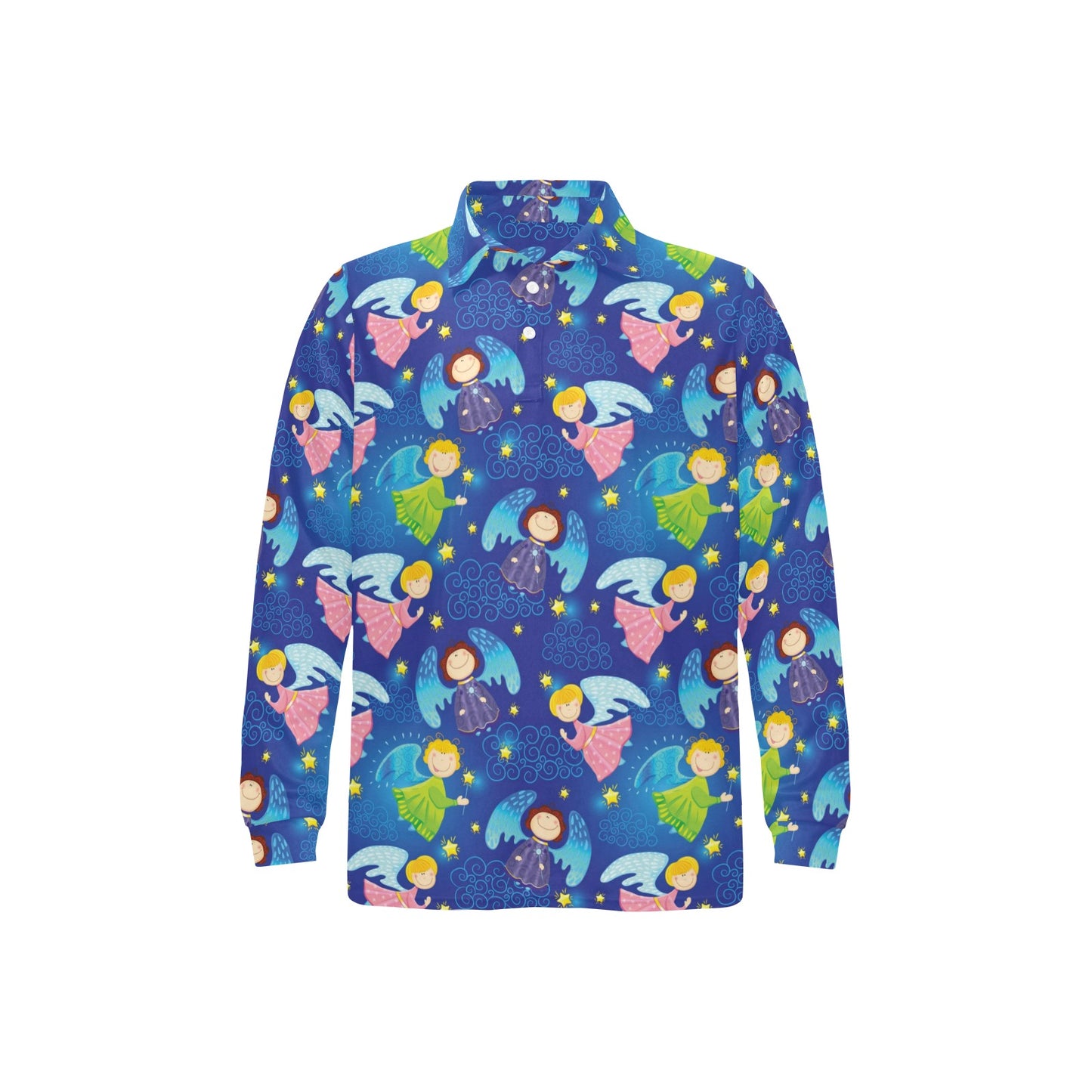 Angel Little Pattern Print Design 02 Long Sleeve Polo Shirt For Men's