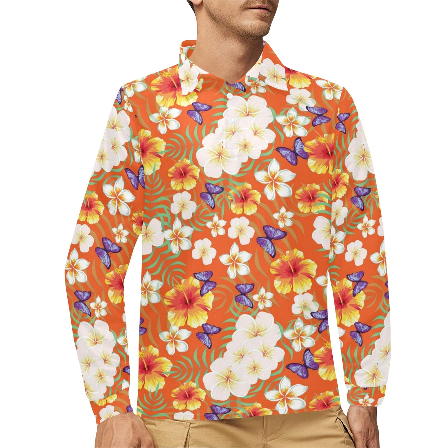 Tropical Flower Pattern Print Design TF027 Long Sleeve Polo Shirt For Men's