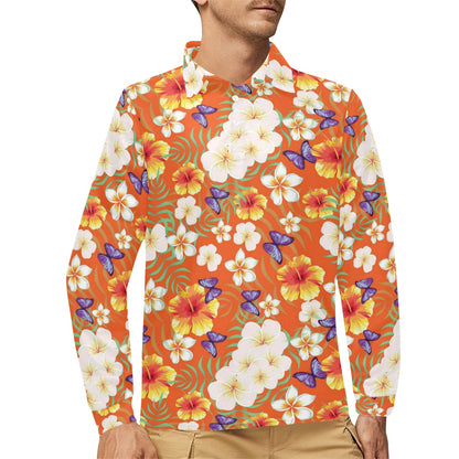 Tropical Flower Pattern Print Design TF027 Long Sleeve Polo Shirt For Men's