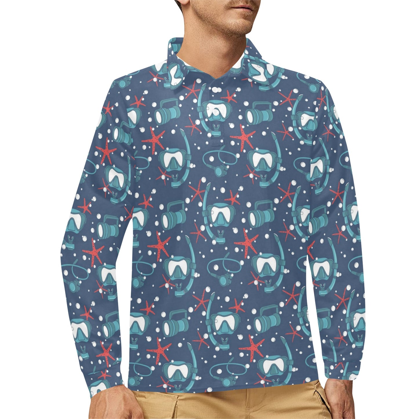 Scuba Equipment Print Design LKS302 Long Sleeve Polo Shirt For Men's