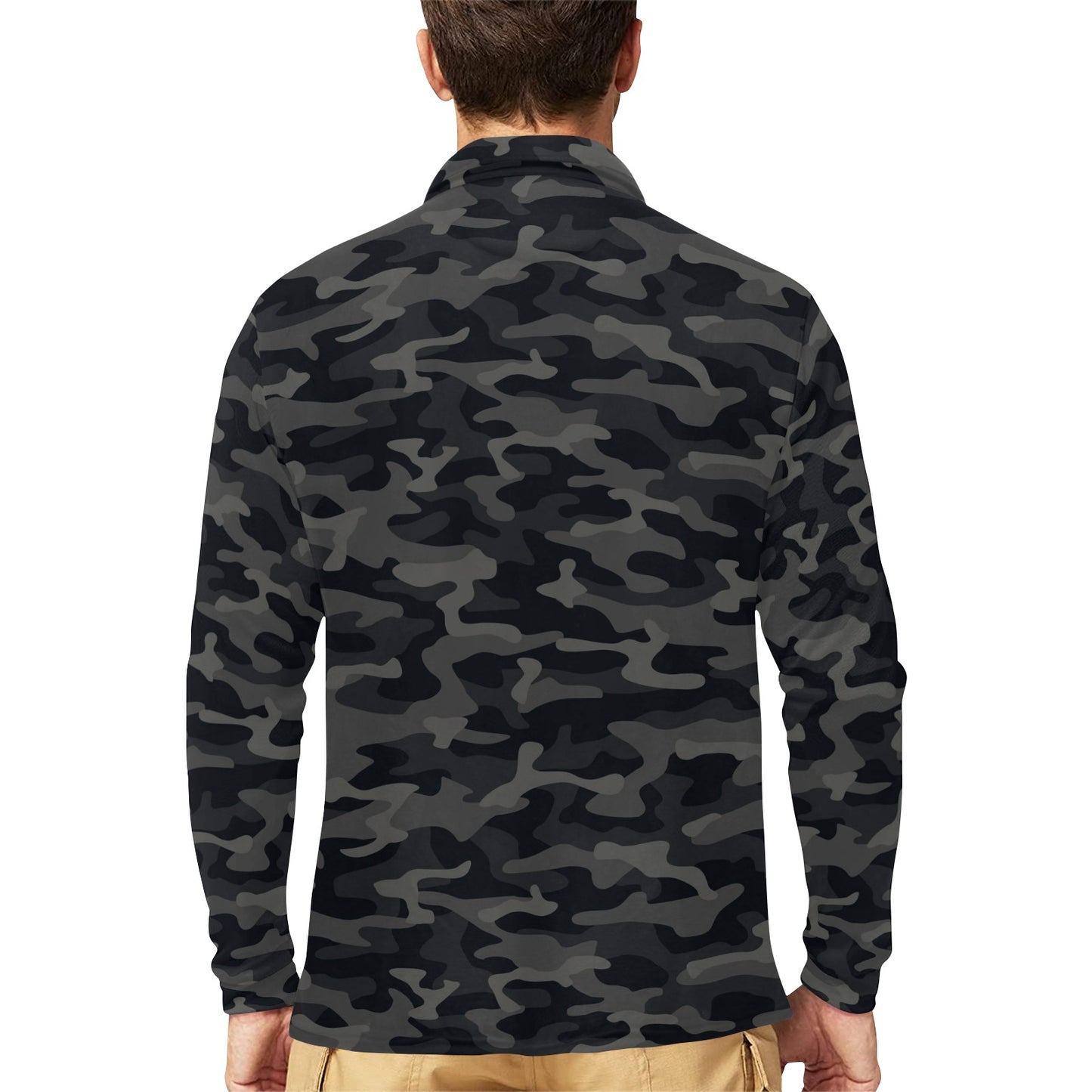 Camo Black Pattern Print Design 02 Long Sleeve Polo Shirt For Men's