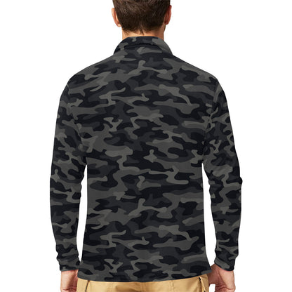 Camo Black Pattern Print Design 02 Long Sleeve Polo Shirt For Men's