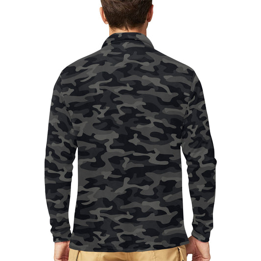 Camo Black Pattern Print Design 02 Long Sleeve Polo Shirt For Men's