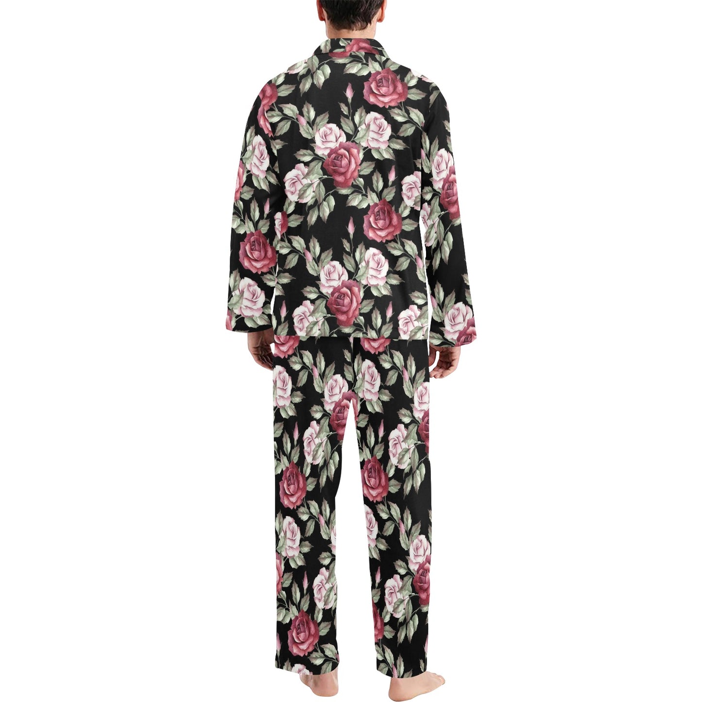 Rose Red Pink Pattern Print Design RO03 Men's Long Pajama Set