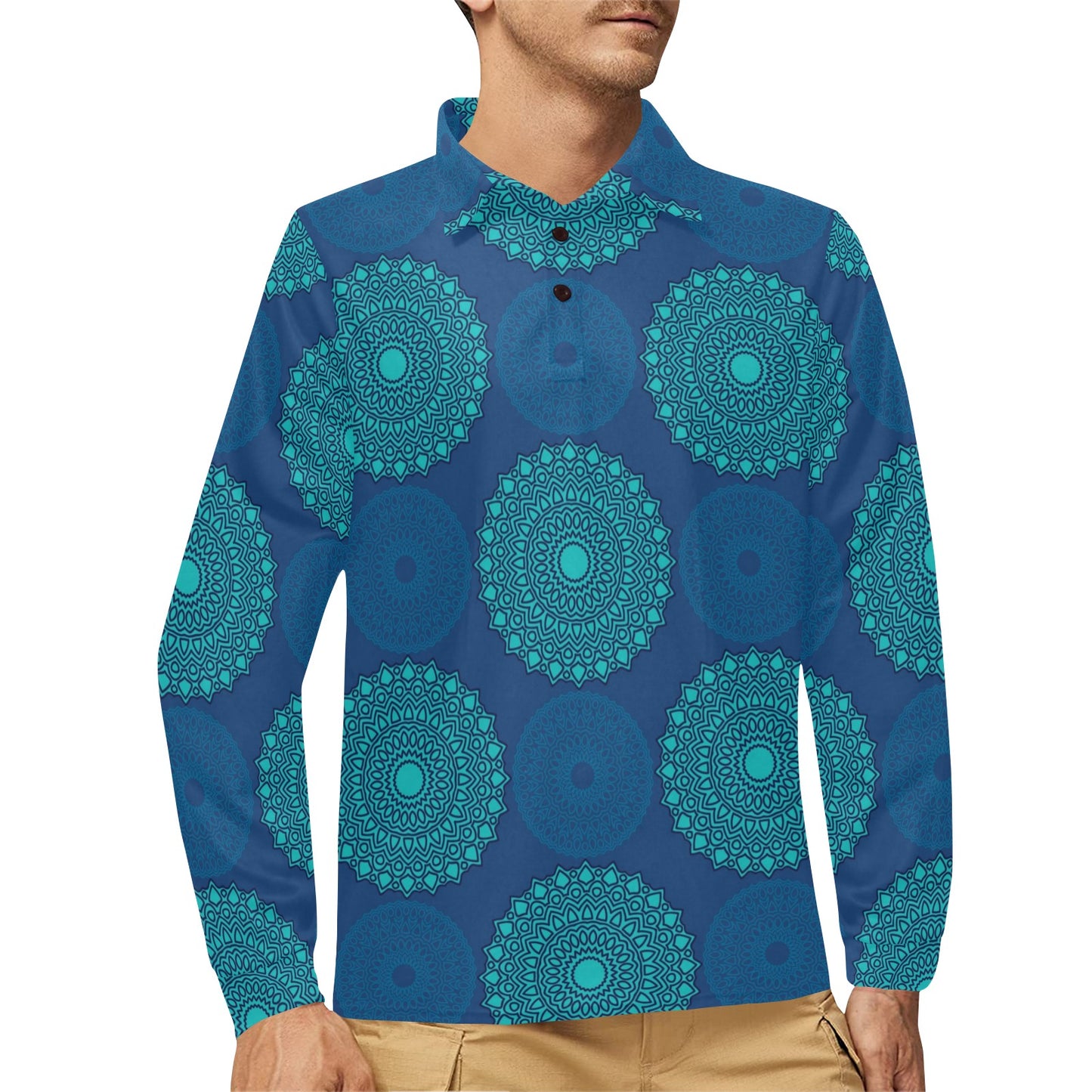 Medallion Pattern Print Design 04 Long Sleeve Polo Shirt For Men's